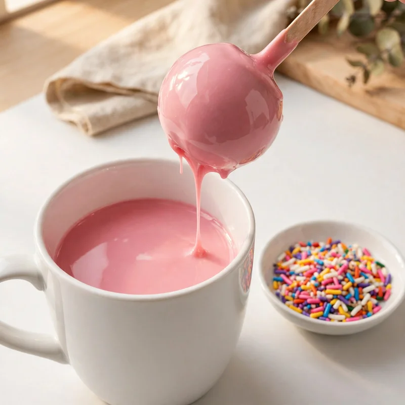 Cake pop being dipped into pink candy coating in a deep mug with sprinkles ready nearby