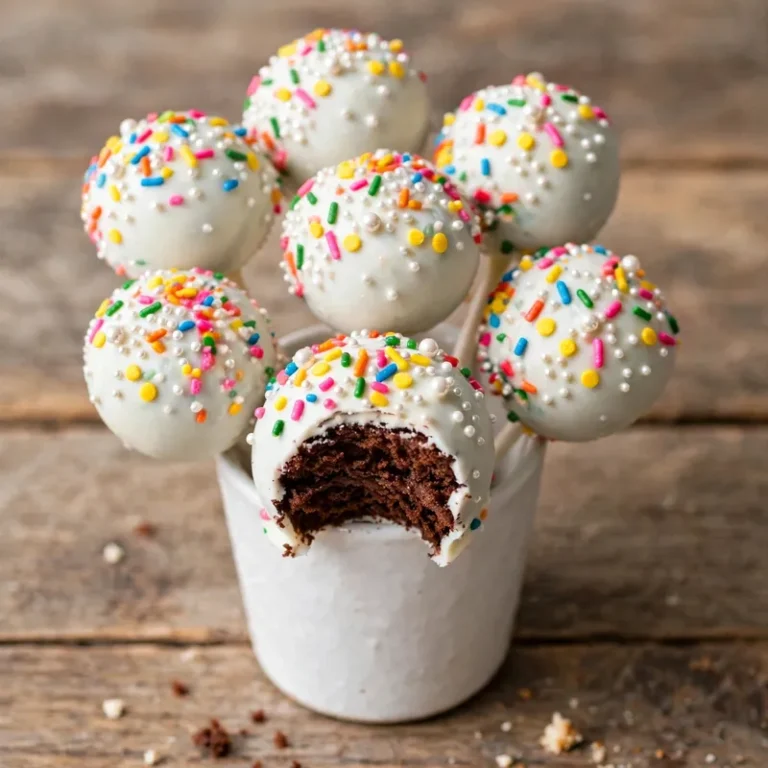 Cake pops in pastel coatings displayed in white pot with two individually wrapped pops on rustic wood table