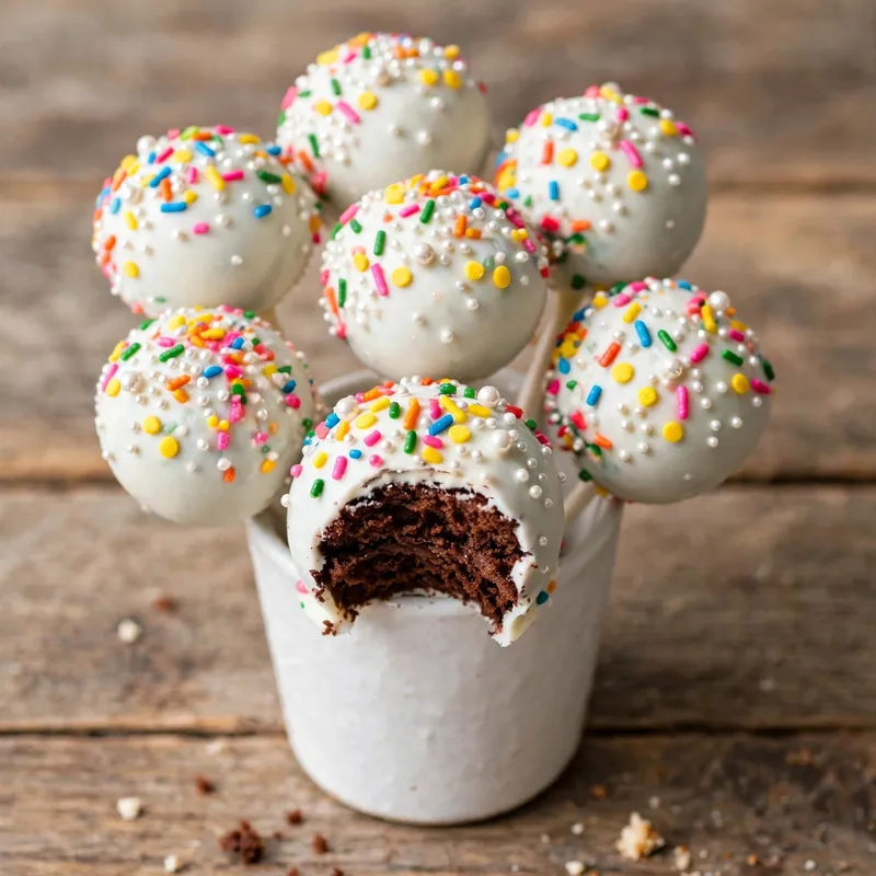Cake pops in pastel coatings displayed in white pot with two individually wrapped pops on rustic wood table
