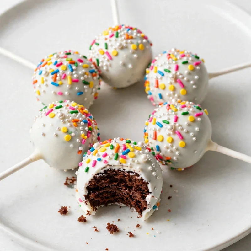 Cake pops with white candy coating and colorful sprinkles on white marble surface