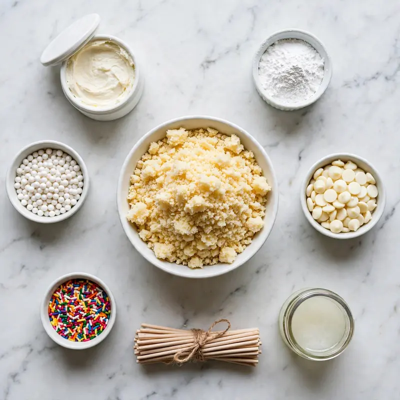 Cake pops ingredients flat lay on white marble including crumbled cake, candy melts, frosting, sticks, and sprinkles