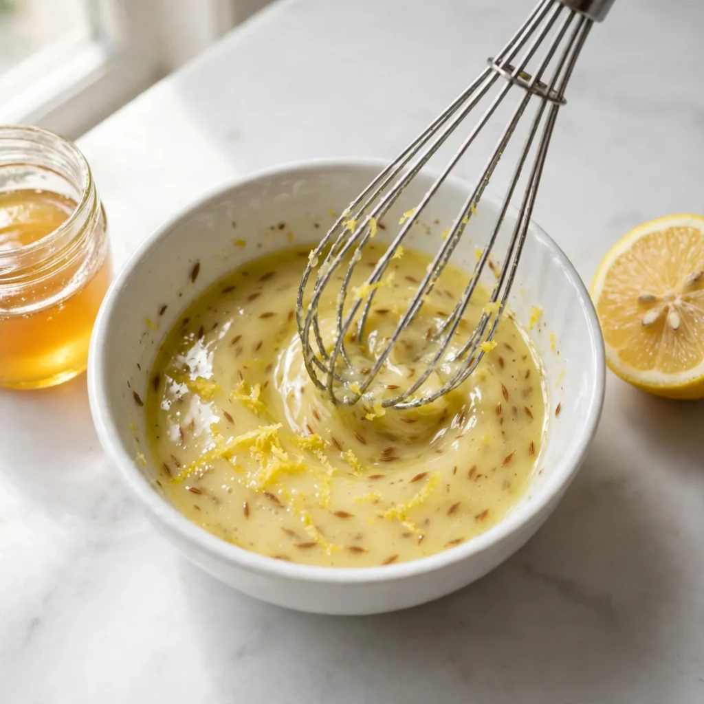 Carrot salad lemon cumin dressing being whisked in a white ceramic bowl showing pale yellow emulsified dressing with cumin flecks