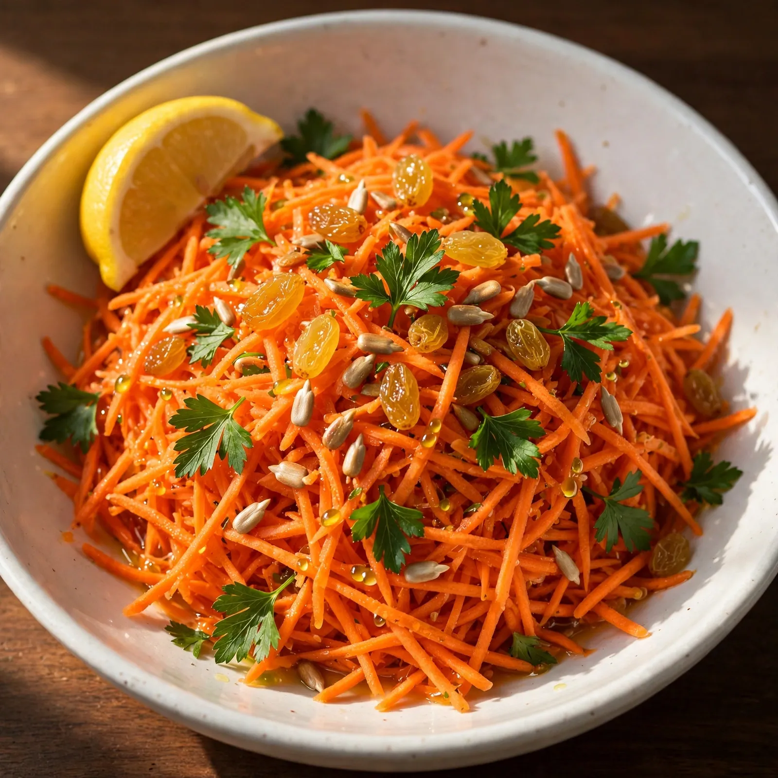 Fresh carrot salad in white bowl with lemon dressing, parsley, golden raisins, and toasted seeds on dark wood