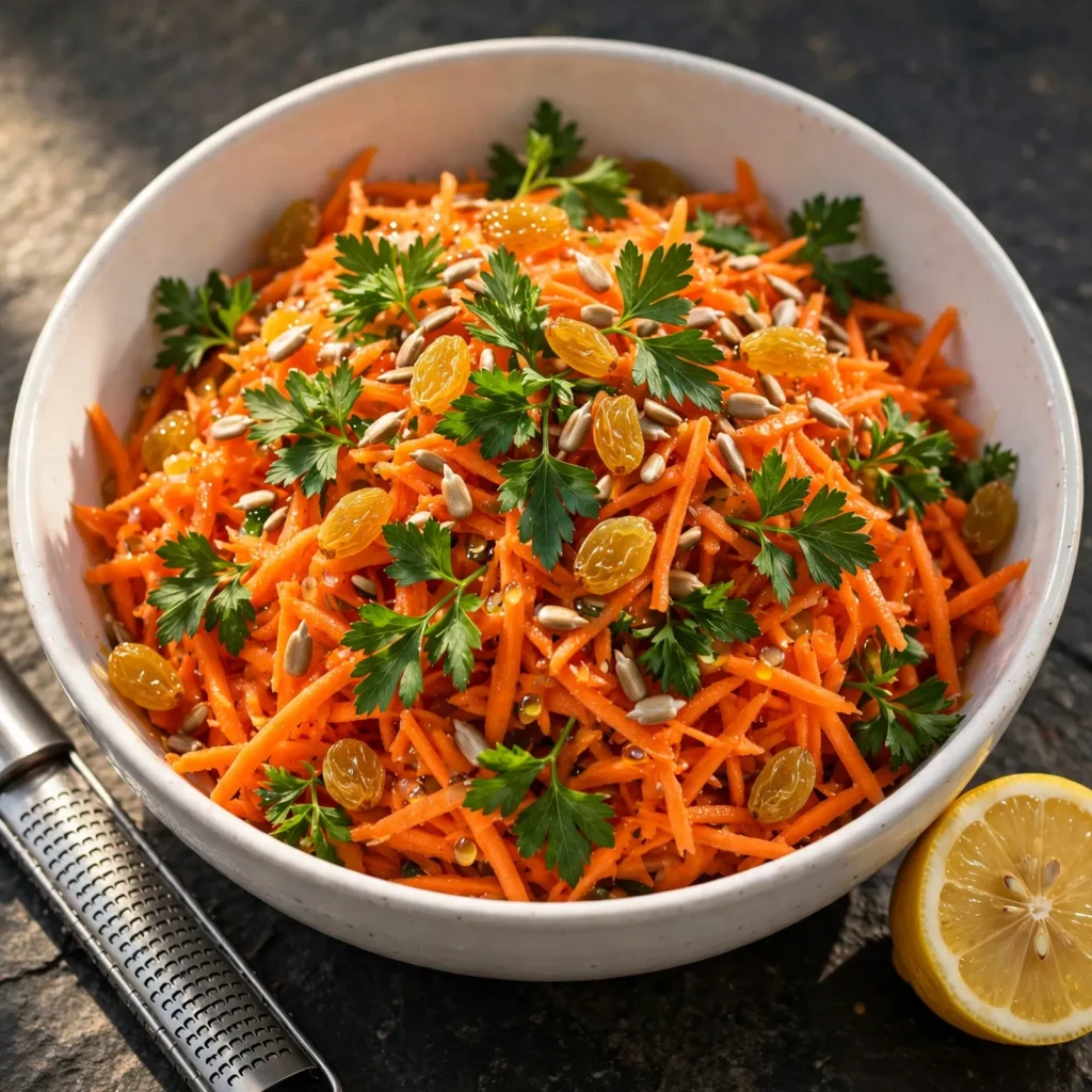 Final beauty shot of fresh carrot salad in white bowl with lemon dressing, parsley, raisins, and seeds on dark stone with microplane beside