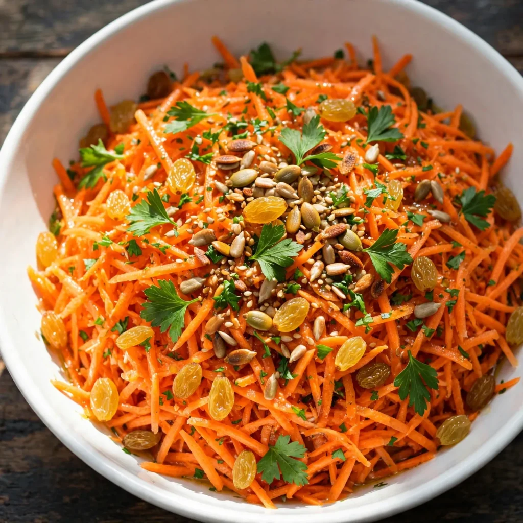 Fresh carrot salad in white bowl with lemon dressing, parsley, golden raisins, and toasted seeds on dark wood