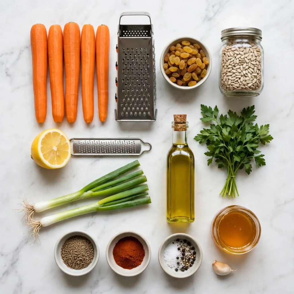 Carrot salad ingredients flat lay on white marble including whole carrots, lemon, golden raisins, parsley, olive oil, cumin, and honey