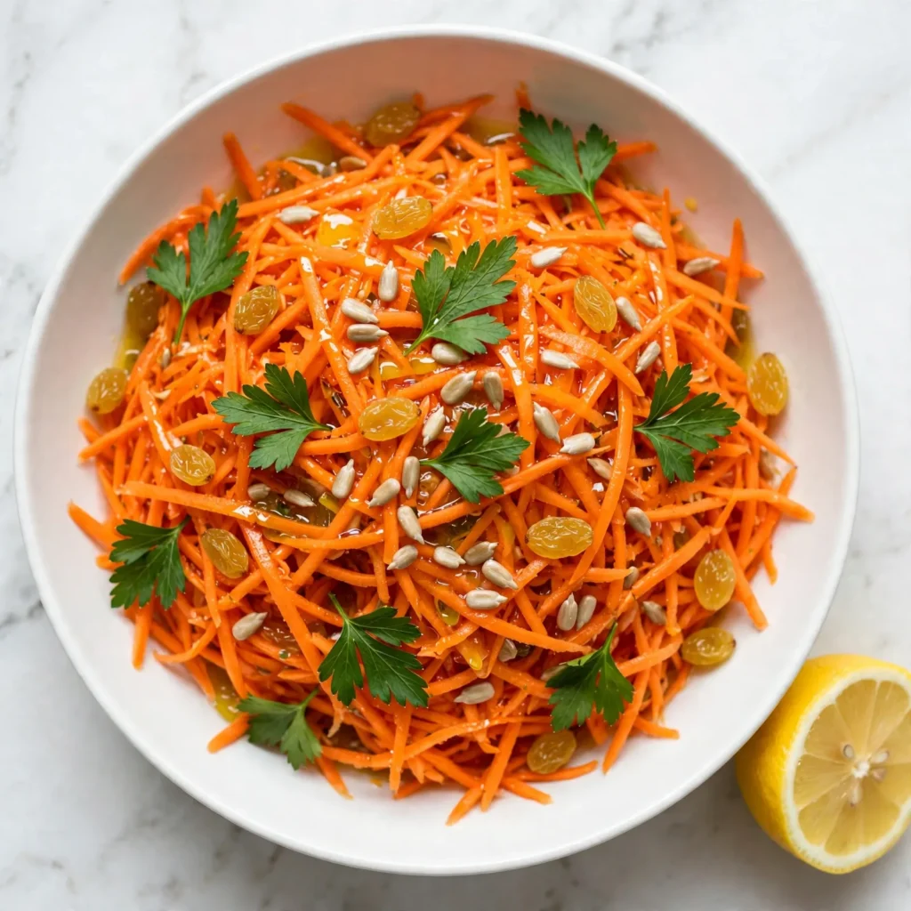 Overhead view of carrot salad in white shallow bowl with orange shredded carrots, parsley, golden raisins, and seeds on white marble