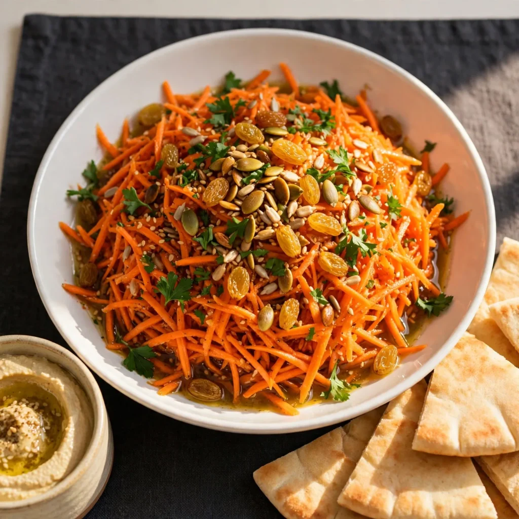 Carrot salad in white shallow bowl with parsley and seeds beside warm pita bread and hummus on dark linen placemat