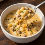 Spoon lifting creamy cheeseburger soup from a white bowl