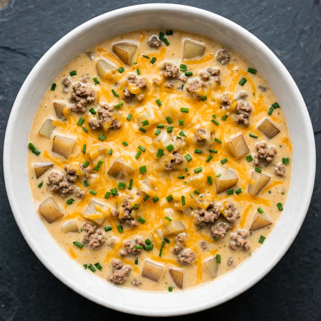Overhead view of cheeseburger soup with melted cheddar and chives in a white bowl