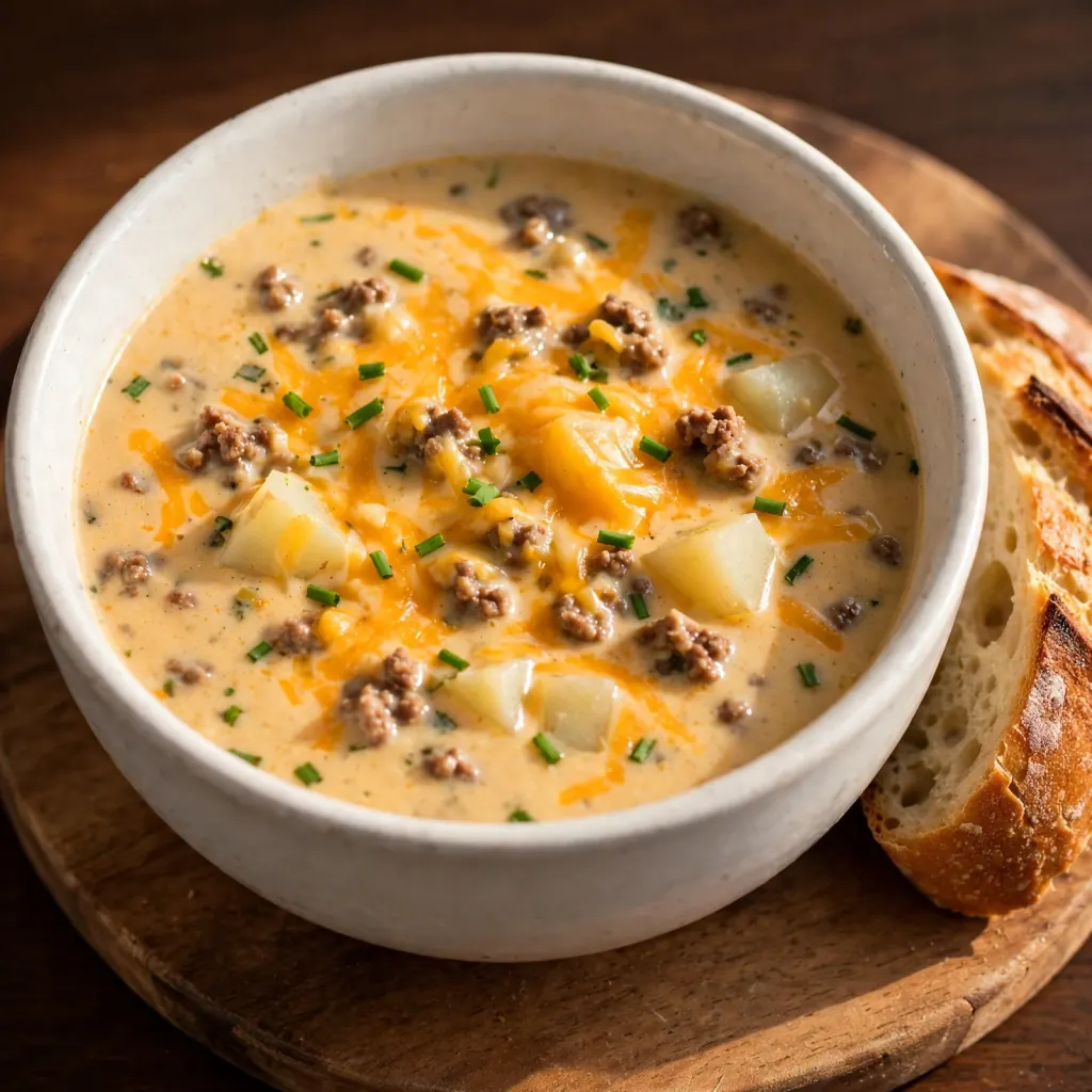 Bowl of cheeseburger soup on a wooden board with sourdough bread and cheddar garnish