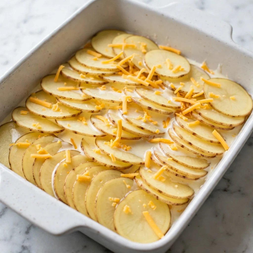 Cheesy potato layers being assembled in white baking dish showing thin potato slices cream sauce and shredded cheddar