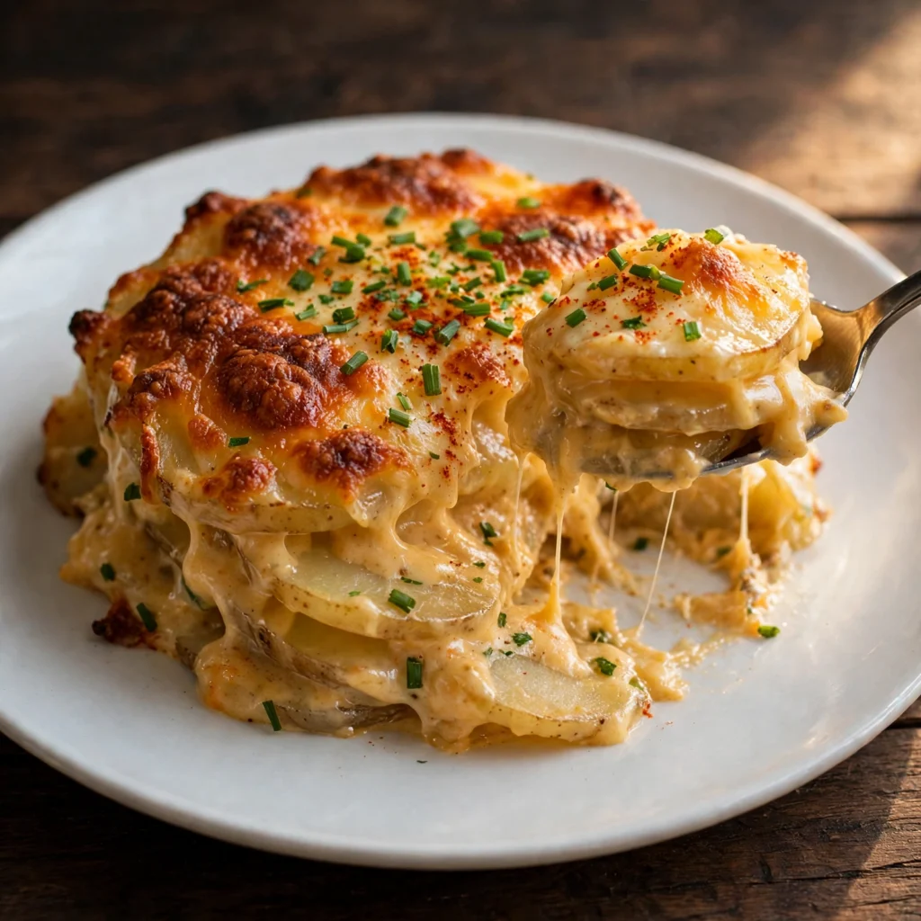 Close-up scoop of cheesy potatoes on white plate showing creamy layers browned cheese crust fresh chives and smoked paprika