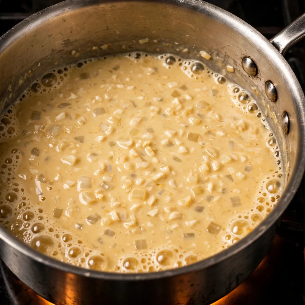 Garlic cream sauce simmering in stainless saucepan with visible bubbles onion pieces and garlic in pale golden cream