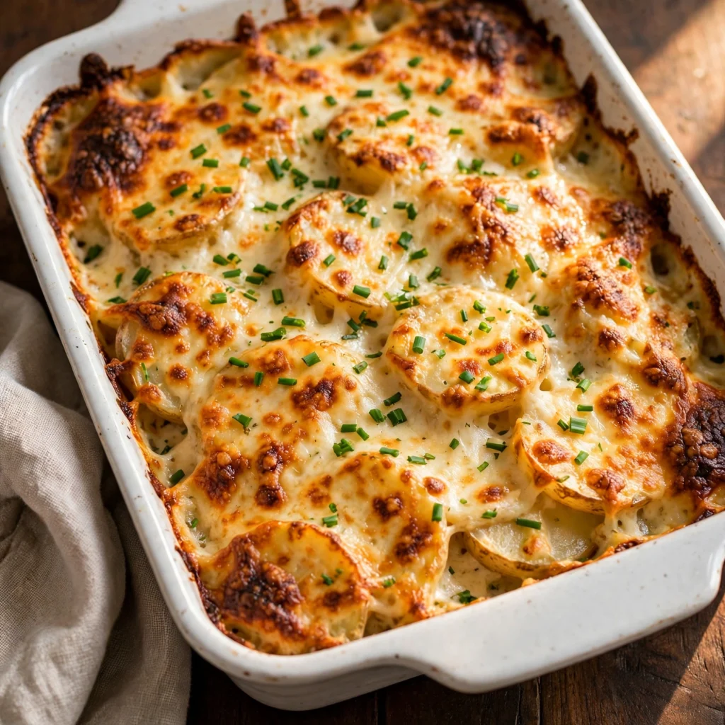 Cheesy potatoes in white ceramic baking dish with golden bubbly cheese crust and fresh chive garnish
