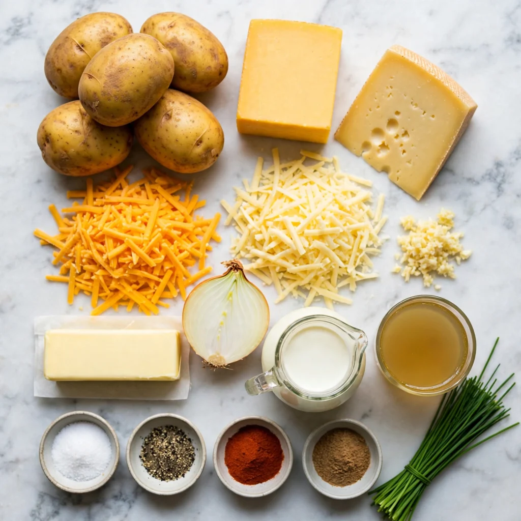 Cheesy potatoes recipe ingredients flatlay on white marble including Yukon Gold potatoes, sharp cheddar, Gruyère, heavy cream, garlic, and fresh chives