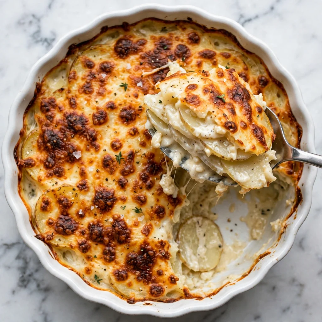 Overhead view of cheesy potatoes in white dish with golden cheese crust and serving spoon showing tender layered potatoes