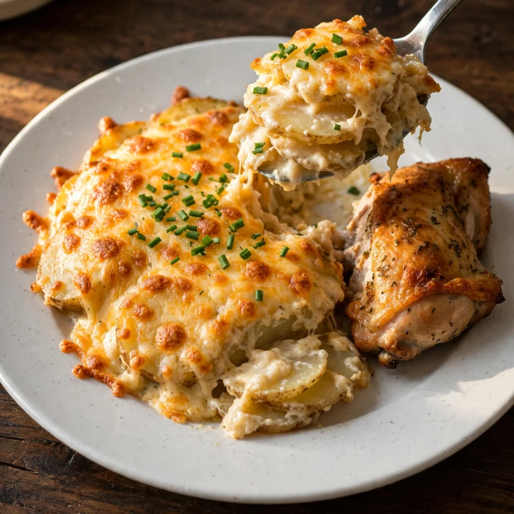 Cheesy potatoes serving on white plate with tender layers and golden cheese beside roasted chicken on dark wooden table