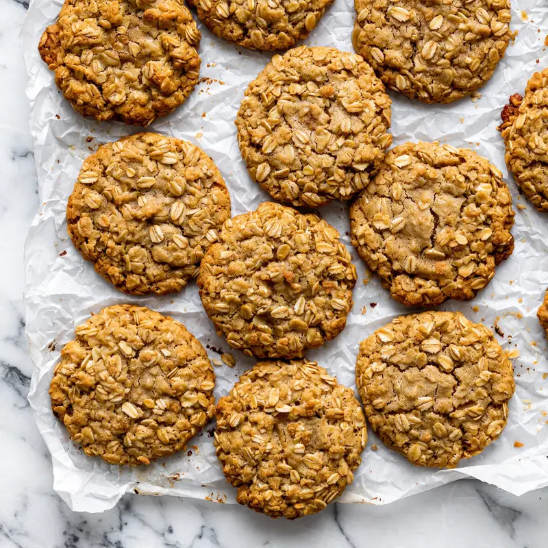 Overhead view of six oatmeal cookies on parchment-lined baking sheet showing golden-brown texture on white marble