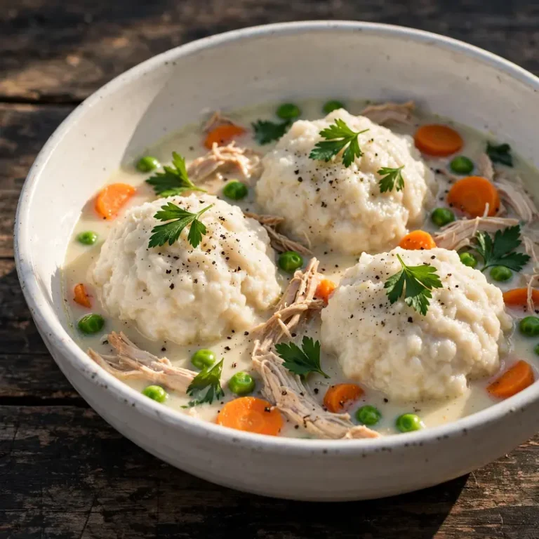 Classic chicken and dumplings in white bowl with fluffy dumplings