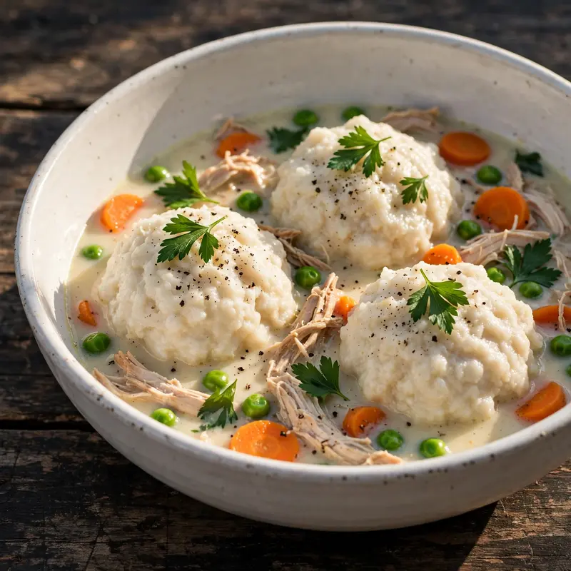 Classic chicken and dumplings in white bowl with fluffy dumplings