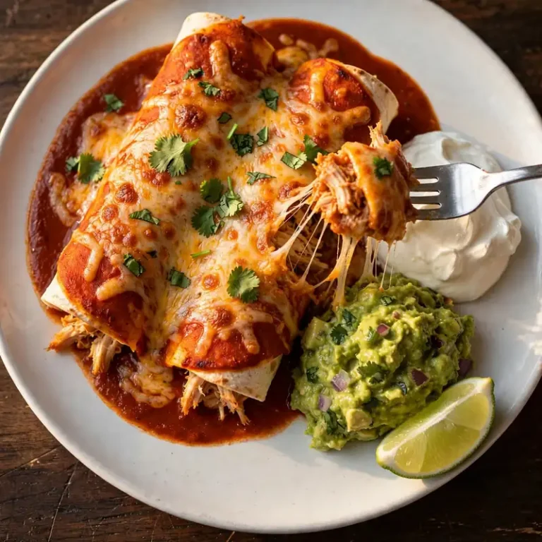 Chicken enchiladas with a fork lifting a cheesy bite, sour cream and guacamole on the plate