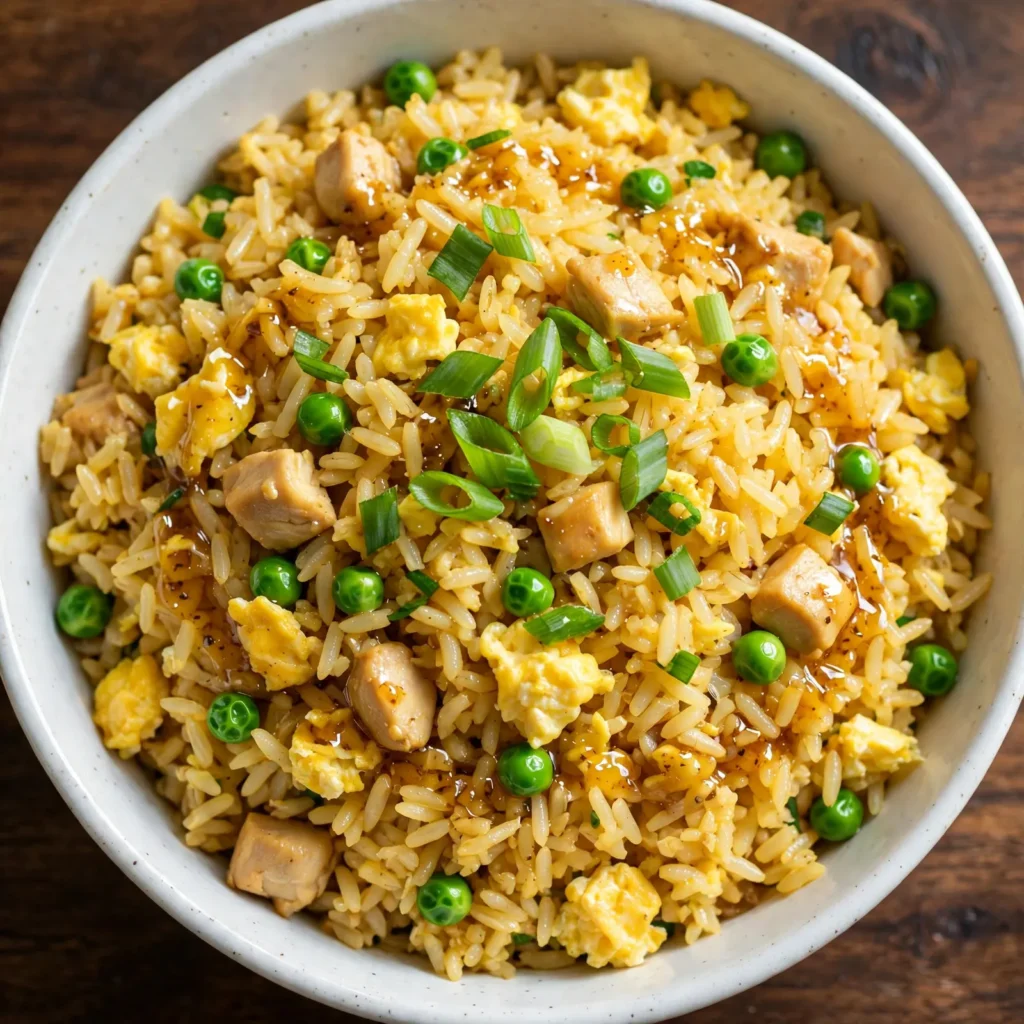 Overhead close-up of chicken fried rice in a white bowl with green onion and egg