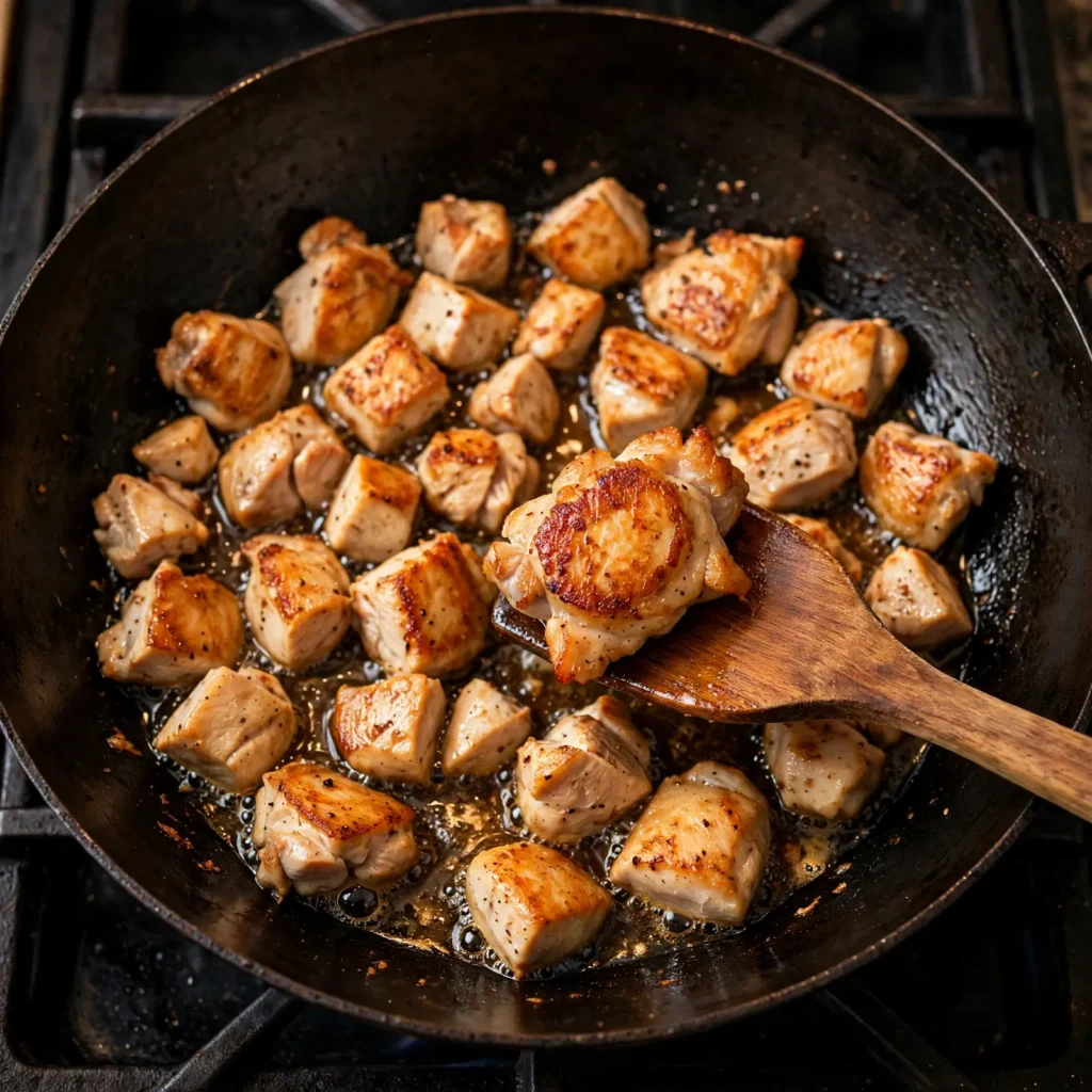 Diced chicken thighs searing in a hot wok for chicken fried rice