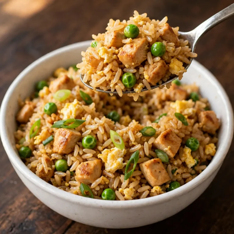 Spoon lifting chicken fried rice with egg and green onion from a white bowl