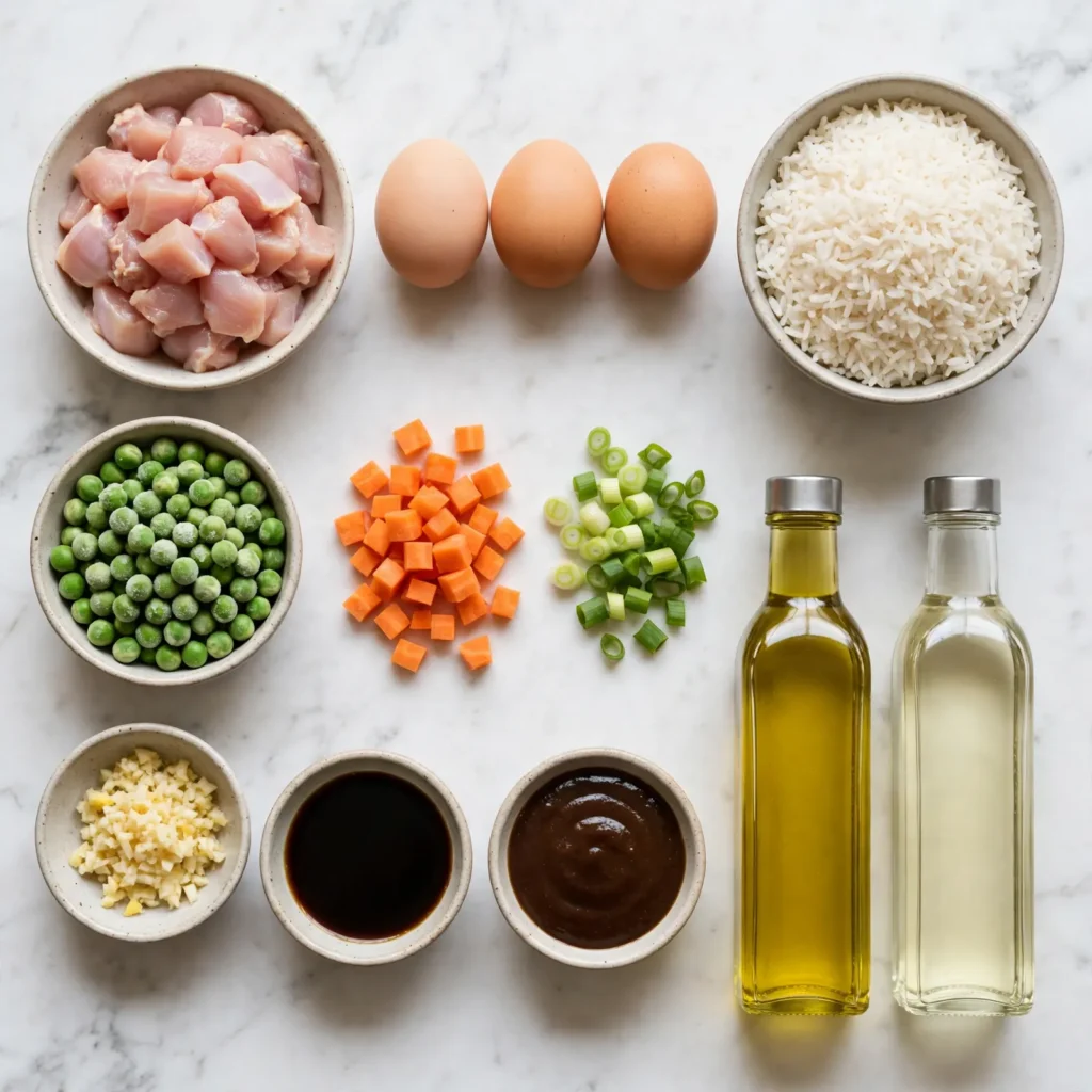 Chicken fried rice ingredients laid out on white marble including chicken, rice, eggs, and sauces