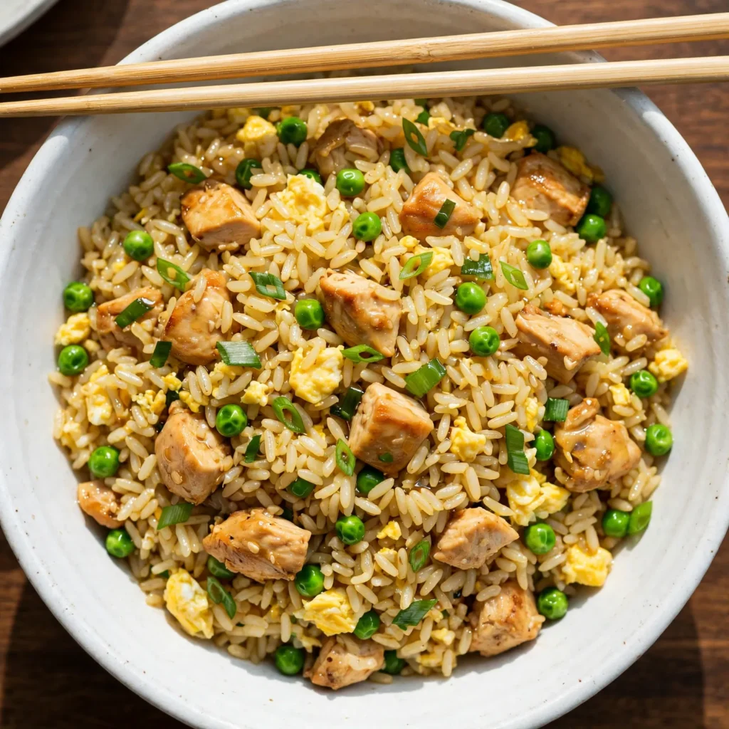 Overhead view of chicken fried rice in a white bowl with chopsticks resting across the rim