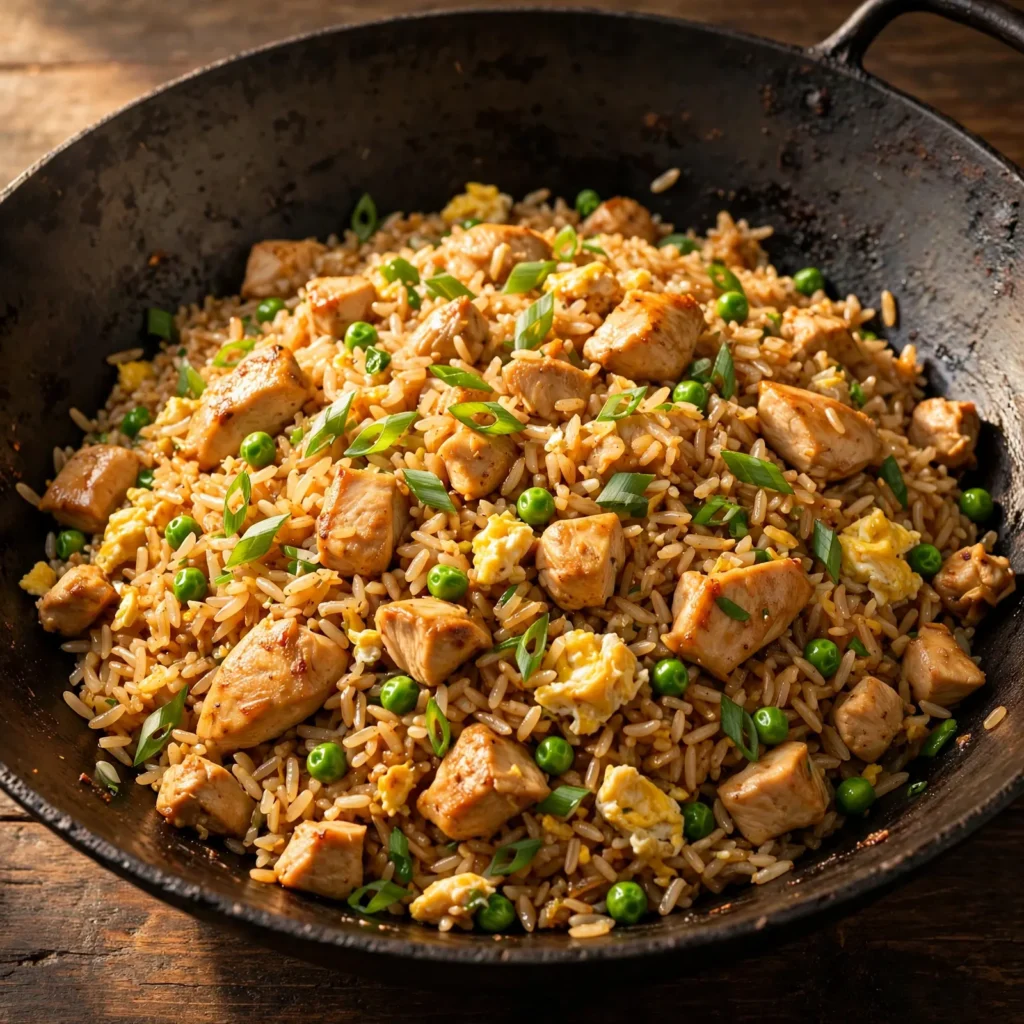 Chicken fried rice in a dark wok with egg, vegetables, and green onion