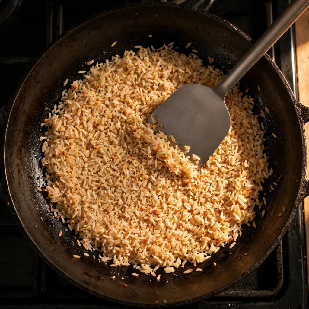 Day-old rice frying in a hot wok for chicken fried rice