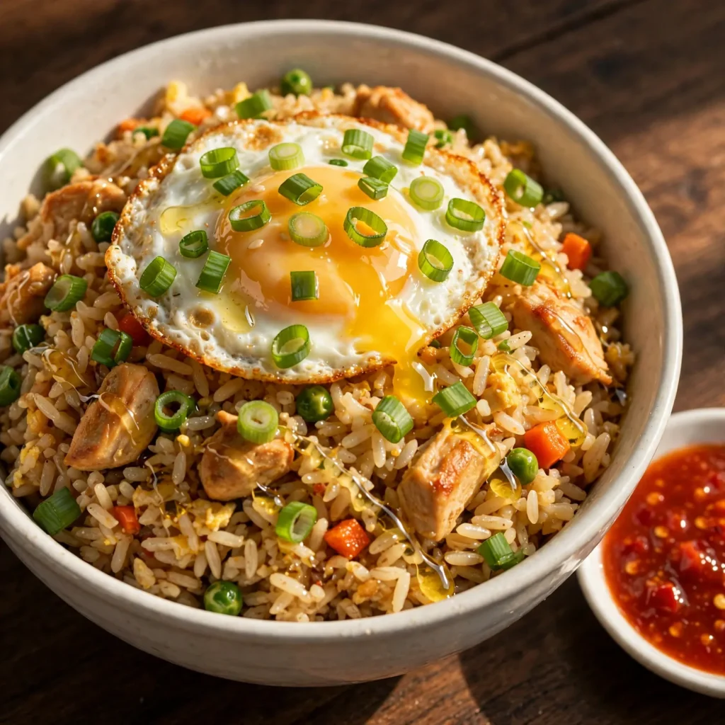 Bowl of chicken fried rice topped with a fried egg and green onion garnish