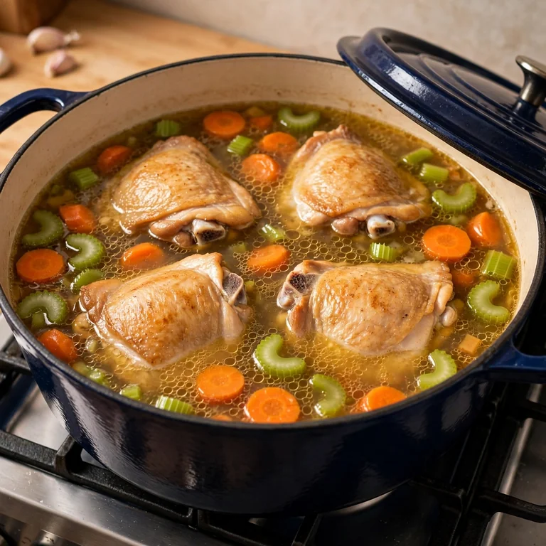 bone-in chicken thighs simmering in golden broth with carrots and celery in a Dutch oven