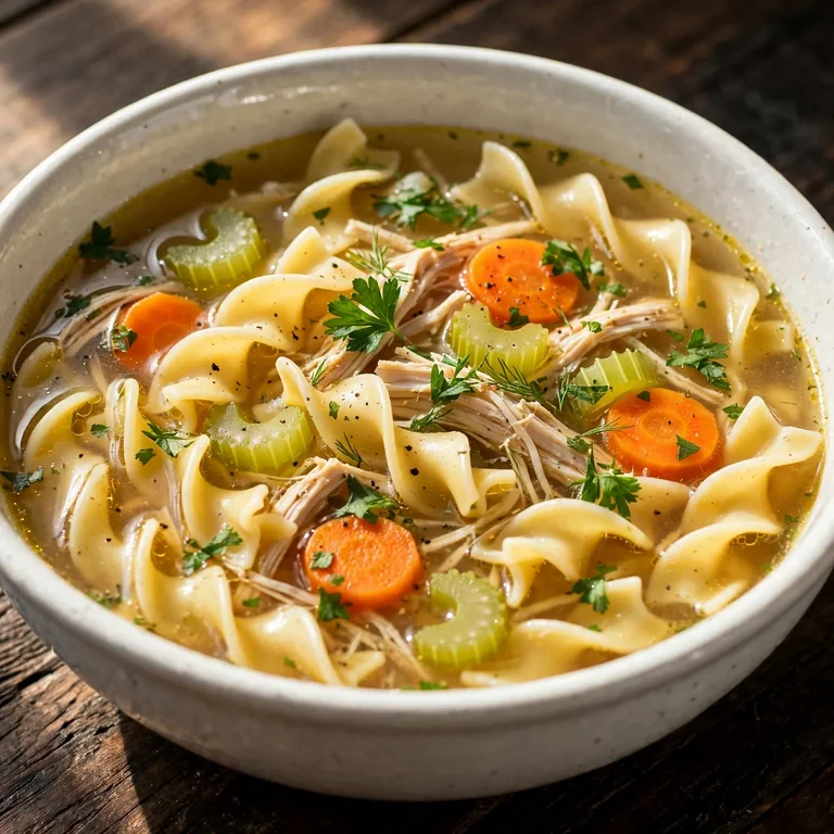 final beauty shot of chicken noodle soup in white bowl with clear golden broth, noodles, and fresh herbs