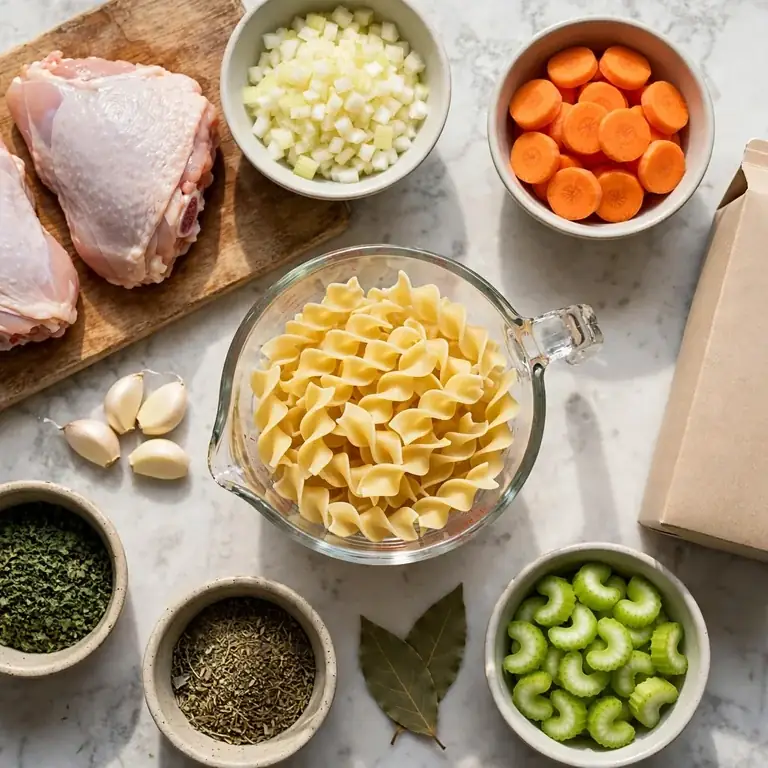 chicken noodle soup ingredients flat lay on grey marble including chicken thighs, vegetables, noodles, and herbs