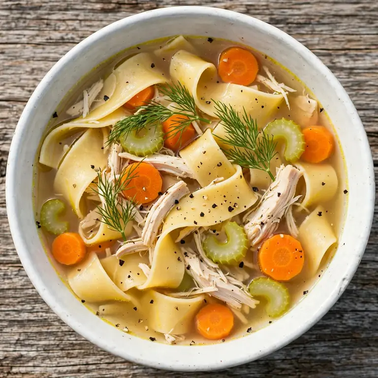 overhead view of chicken noodle soup in white bowl showing golden broth, noodles, carrots, and herbs
