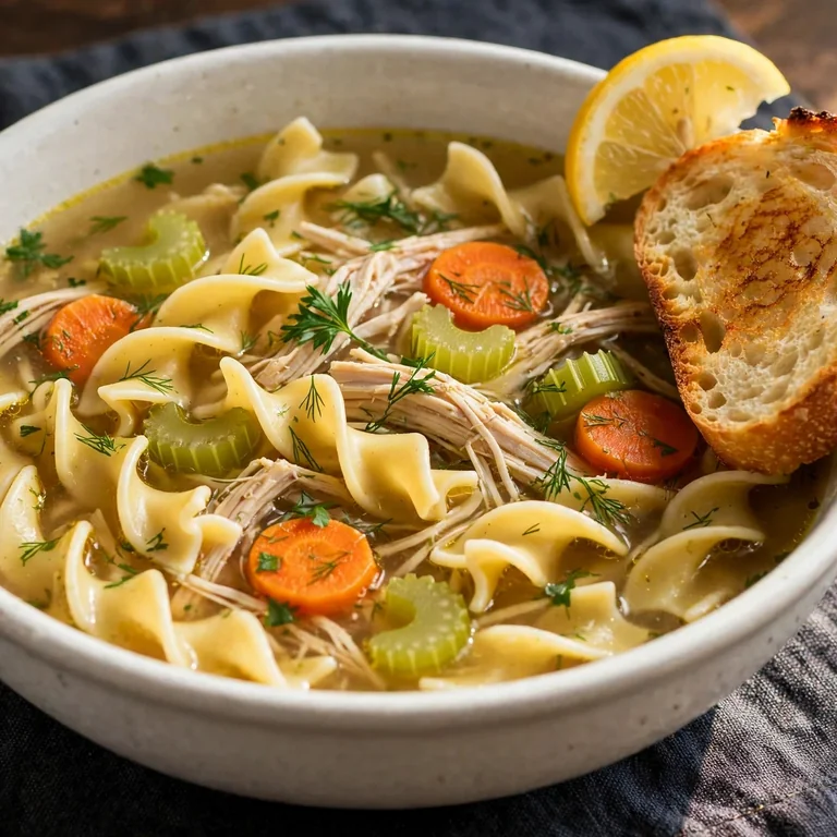 chicken noodle soup in white bowl with crusty bread and lemon wedge on dark linen placemat