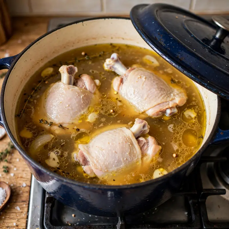 Chicken poaching in pot