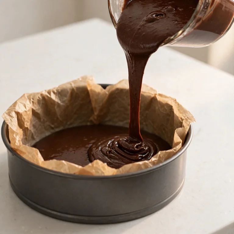 Pouring chocolate cake batter