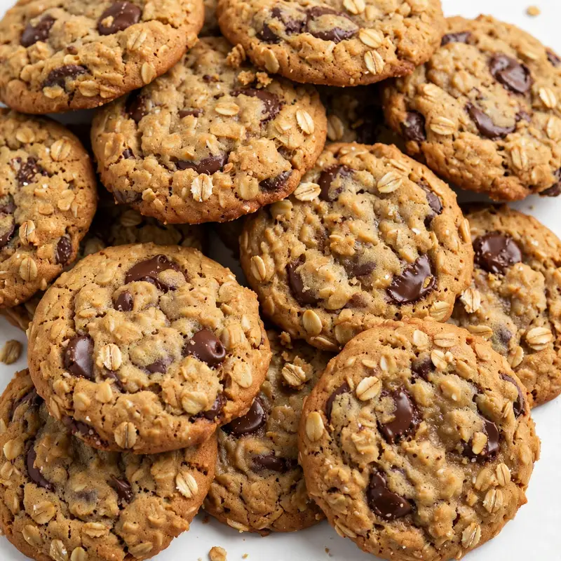 Chocolate chip oatmeal cookies piled high with melted chocolate chips