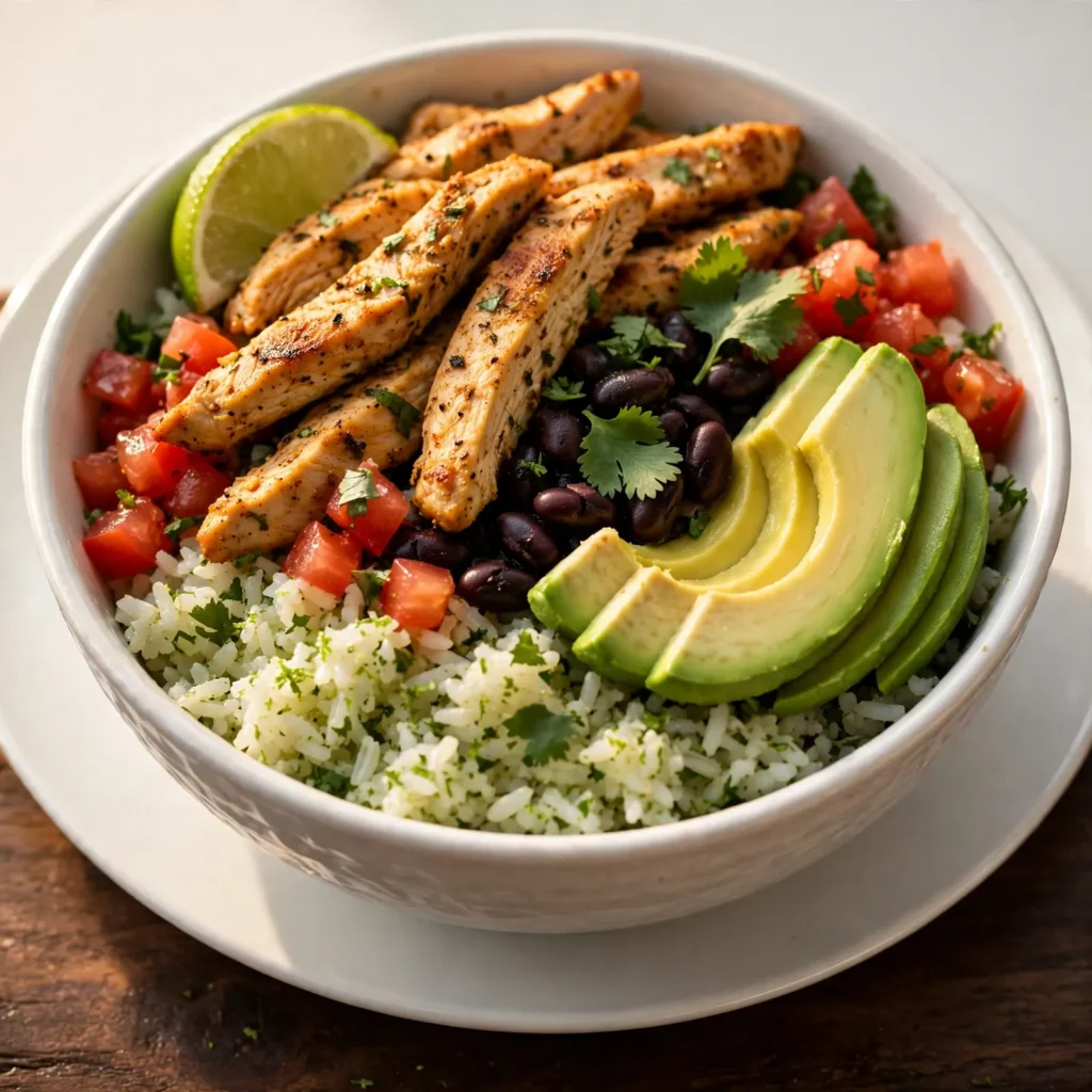 Burrito bowl with cilantro lime rice as the base topped with chicken beans avocado and tomato