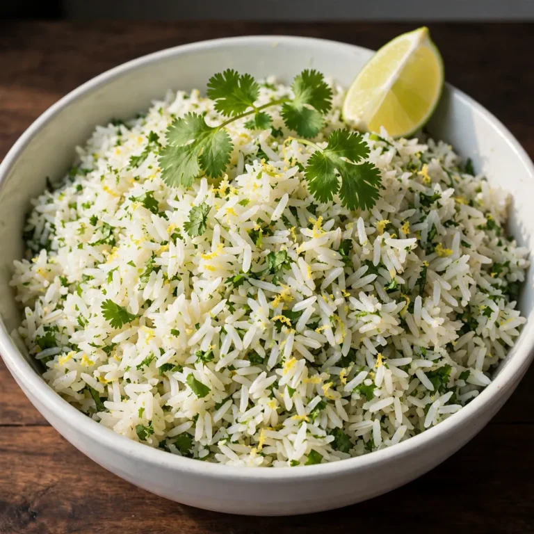 Cilantro lime rice in a white bowl with lime wedge and fresh cilantro garnish