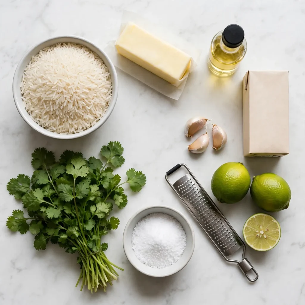 Cilantro lime rice ingredients on white marble including long grain rice limes cilantro and garlic