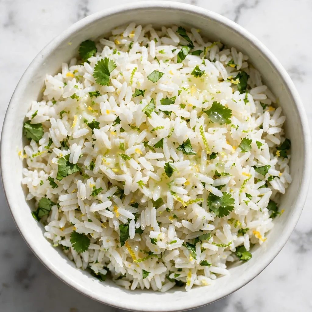 Overhead close-up of cilantro lime rice in a white bowl showing fluffy grains and fresh herbs