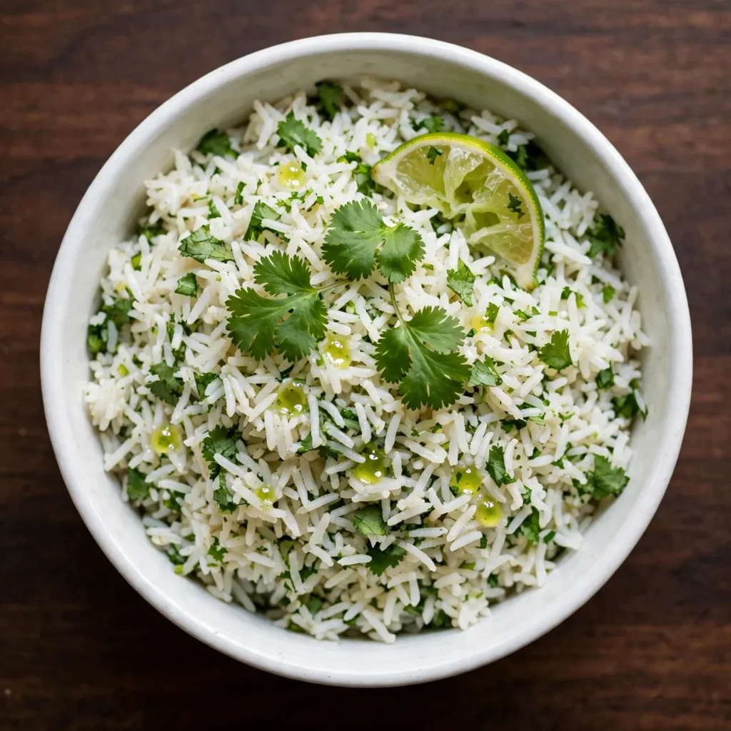 Overhead view of cilantro lime rice in a white serving bowl with fresh cilantro and lime garnish