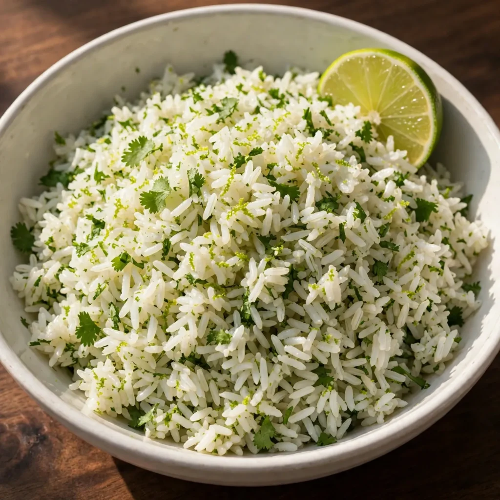 Cilantro lime rice in a white bowl with lime wedge and fresh cilantro garnish