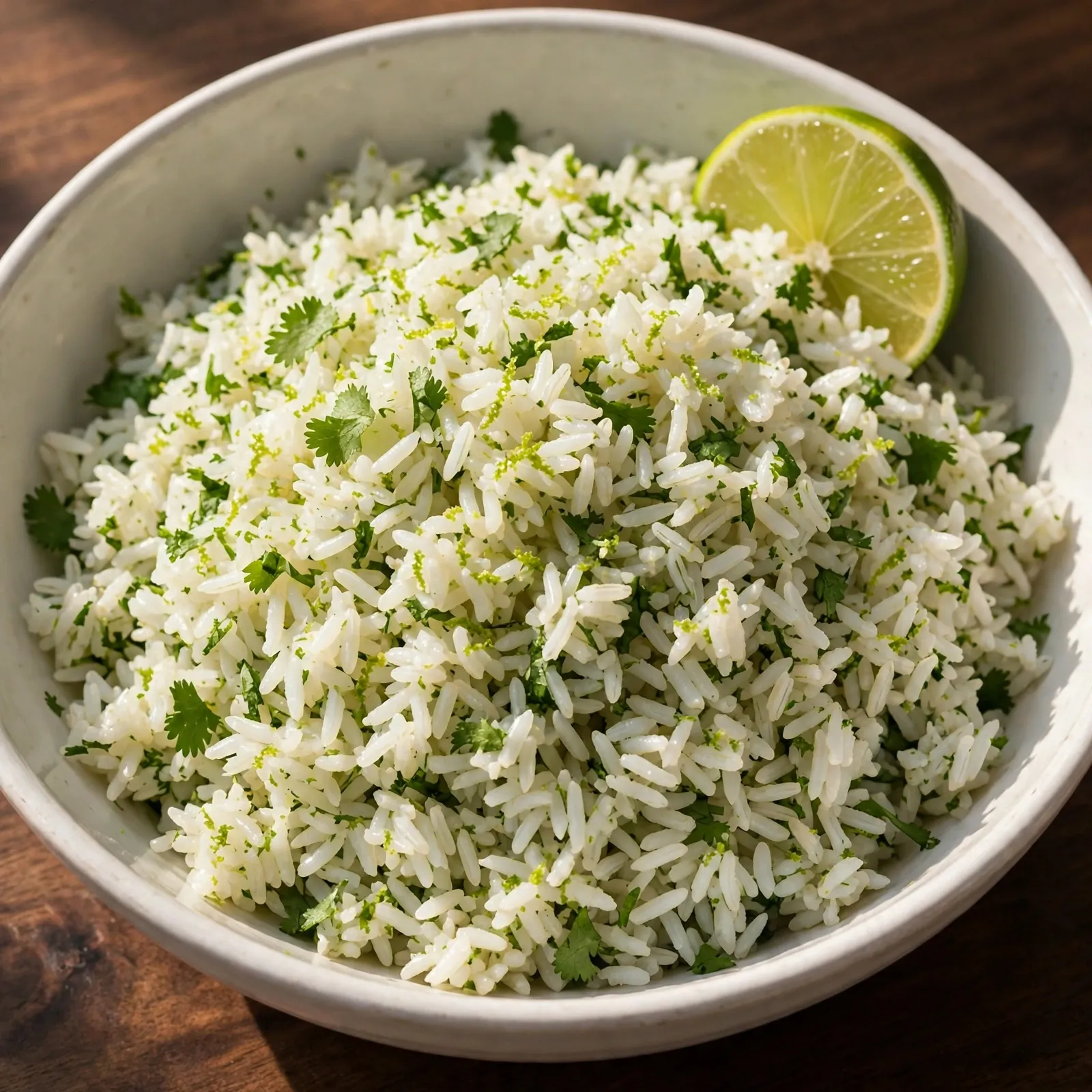 Cilantro lime rice in a white bowl with lime wedge and fresh cilantro garnish