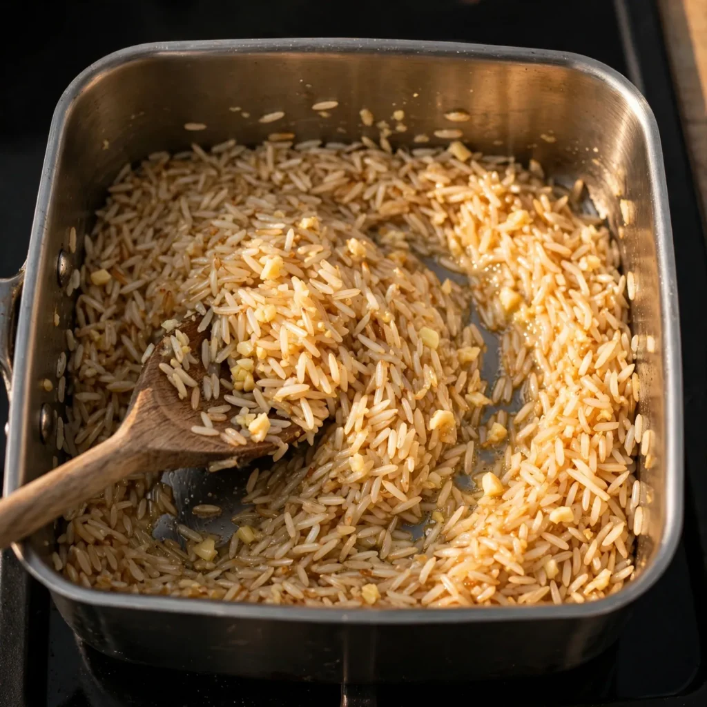 Long grain rice toasting in butter and oil in a saucepan with minced garlic